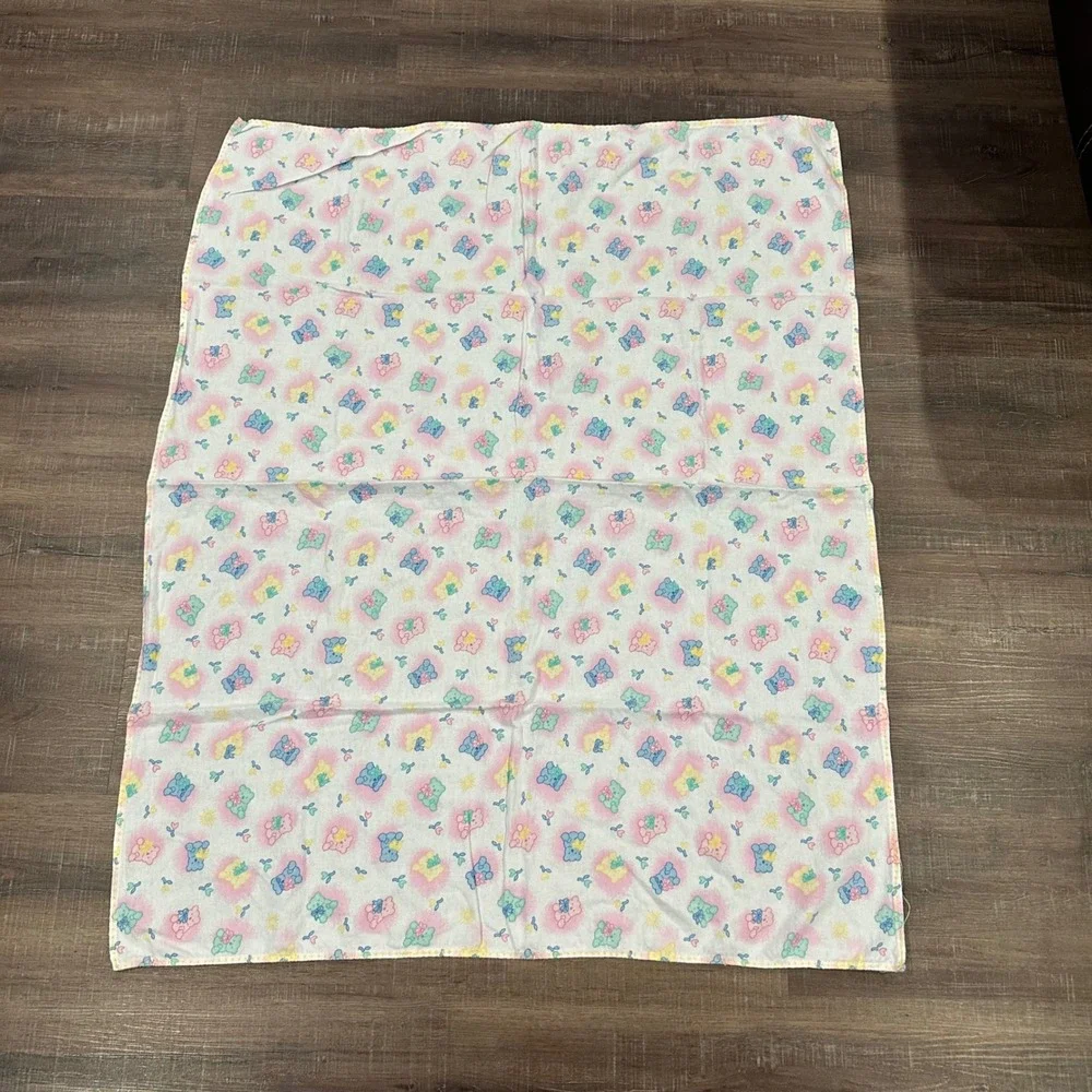 Vintage Pastel Teddy Bear Sun Floral Receiving Blanket White Cotton Flannel